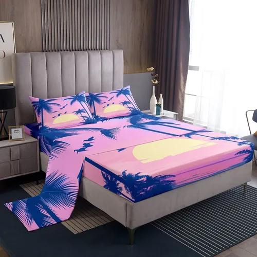 Miniatura 20 de Juego de sábanas de 3 piezas con diseño de playa oceánica, diseño de árbol de coco tropical, para decoración de habitación de niños, niñas, niños
