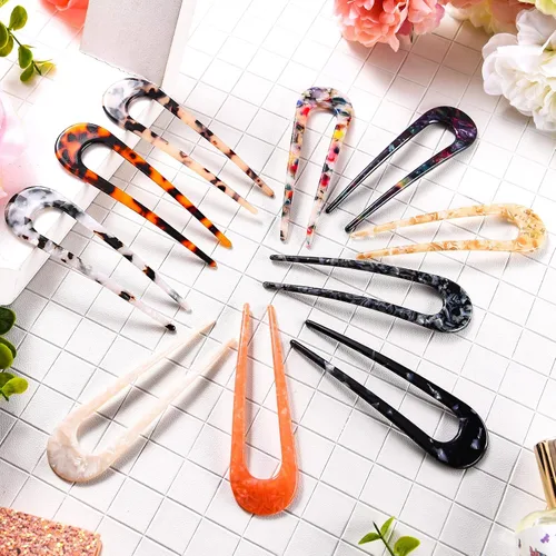 Miniatura 4 de WILLBOND 10 horquillas francesas para mujer, 4 pulgadas, acetato en forma de U, pinzas pequeñas y ligeras, decorativas, finas, para peinado, moño