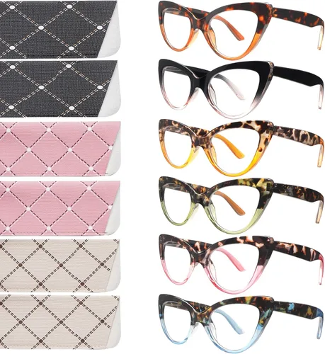 Miniatura 10 de Pack de 6 gafas de moda de ojo de gato para mujer con bloqueo de luz azul, bisagras de resorte extra grandes, lentes para computadora 6 mezcla