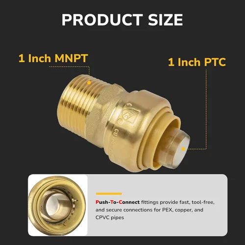 Miniatura 2 de Adaptador macho PTC de 1 pulgada a 1 pulgada NPT Push-Fit, Empuje para conectar accesorios de plomería de latón para cobre, CPVC, tubos PEX