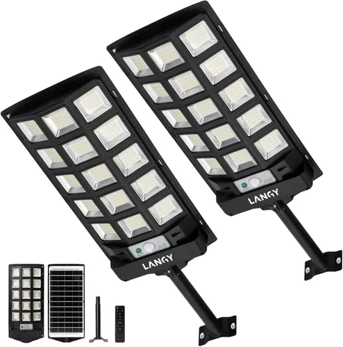 LANGY Farolas solares impermeables para exteriores, sensor de movimiento de 6500 K del atardecer al amanecer con control remoto, luz LED de