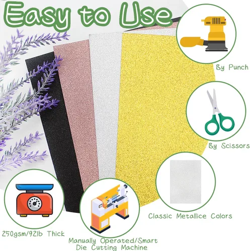 Miniatura 3 de Paquete de 32 hojas de cartulina con purpurina A4, cartulina gruesa de 250 g/m², papel brillante de colores para Cricut, álbum de recortes, póster