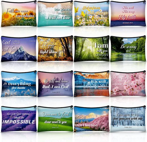 Miniatura 9 de Pinkunn - 16 bolsas de maquillaje de lona, regalos a granel para mujeres, bolsa de cosméticos inspiradores cristianos religiosos con cremallera