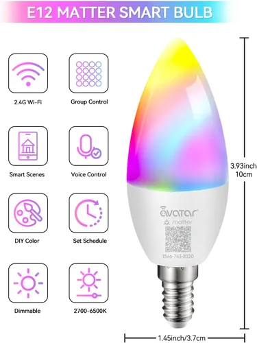 Miniatura 2 de Avatar Controls Bombilla inteligente E12, bombilla LED Matter compatible con Apple Homekit/Alexa, no requiere aplicación de terceros, requiere