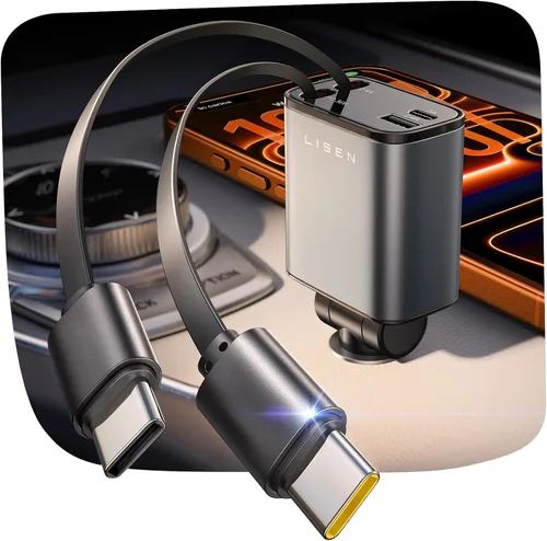 LISEN Cargador retráctil para automóvil USB C [mejorado tipo C dual] 75 W rápido 4 en 1 cargador de coche para iPhone 17, viajes por carretera,