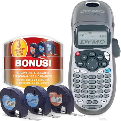 DYMO Máquina etiquetadora con cinta - LetraTag 100H de mano, viene con 3 cintas de etiquetas LT. Ideal para la organización del hogar y la oficina