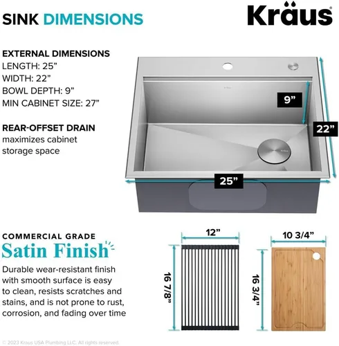 Miniatura 5 de KRAUS KWT311-25 Kore - Fregadero de cocina con estación de trabajo de 25 pulgadas, empotrado, acero inoxidable de calibre 16, con reborde integrado