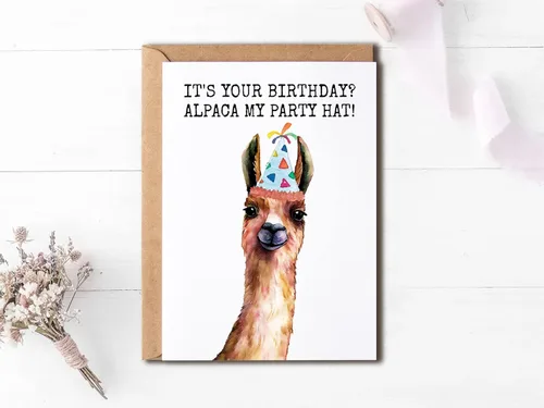 Miniatura 3 de OystersPearl It's Your Birthday Alpaca My Party Hat - Tarjeta de cumpleaños - Tarjeta de alpaca - Tarjeta de felicitación - Tarjeta divertida