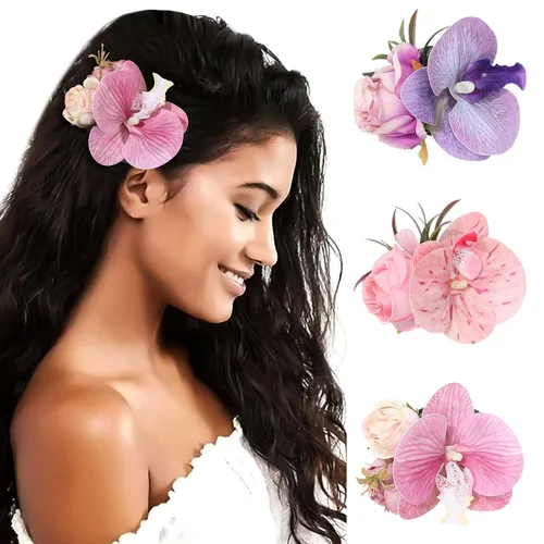 Miniatura 8 de HAIMEIKANG - Pinza para el pelo, 3 piezas de horquillas de flores hawaianas - Accesorios de cabello con flores tropicales artificiales para mujeres