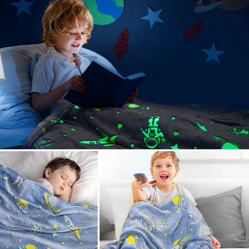 Miniatura 6 de Manta que brilla en la oscuridad con diseño espacial, regalos para niños - Manta de felpa suave con diseño de astronauta, cohete, planeta y estrella