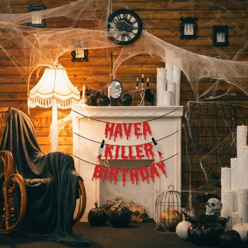 Miniatura 5 de Quimoy Decoraciones de cumpleaños Have a Killer, decoraciones de pancarta de Halloween, con 12 calcomanías de pared de murciélagos para decoración