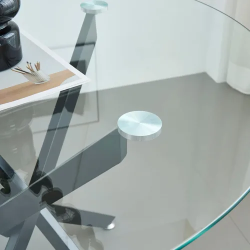 Miniatura 6 de Mesa de comedor redonda de 36 pulgadas para 4, mesa de comedor contemporánea de vidrio templado, mesa de comedor pequeña con base de metal de cruz