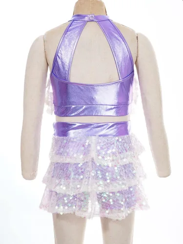 Miniatura 18 de JEATHA Top corto con borlas y lentejuelas brillantes para niñas, con minifalda, jazz latino, salsa, samba, rumba, baile