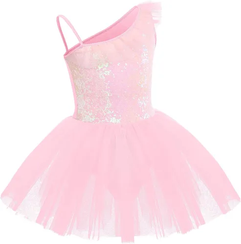 Miniatura 2 de IDOPIP Vestido de ballet de un hombro con volantes lentejuelas para niñas tutú con falda leotardo de bailarina disfraz para niños pequeños