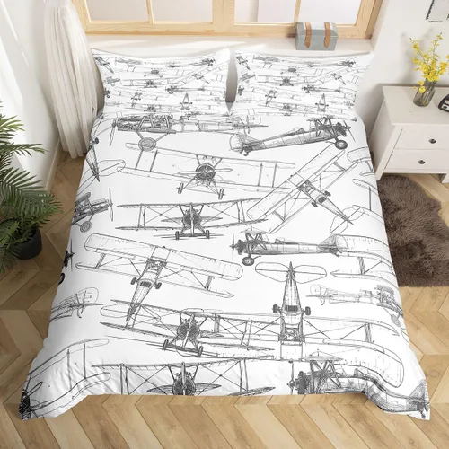 Miniatura 10 de Feelyou Juego de ropa de cama de avión, tamaño individual, para niños, adolescentes, funda de edredón para vuelo, helicóptero, avión volador, azul