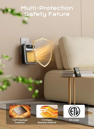 Miniatura 6 de Minetom Calentador de espacio portátil enchufable, calentador de pared pequeño de 800 W para uso en interiores, control remoto, temporizador de 12
