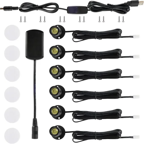 DEDC 6 mini luces LED tipo spot, 1W 5V 6000K, luces para debajo del gabinete, mini focos para exhibiciones con atenuador (Blanco Frío-Interruptores
