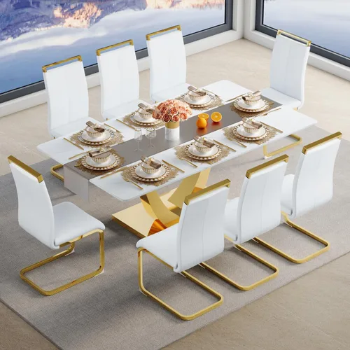 Miniatura 14 de Juego de mesa de comedor para 4, mesa de comedor de mármol sintético de 63 pulgadas con patas y base de acero inoxidable, sillas acolchadas