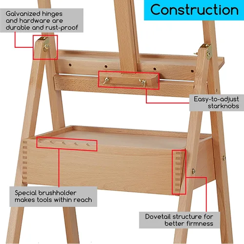 Miniatura 4 de MEEDEN Caballete de pintura con cajón de almacenamiento, caballete de estudio con marco en H, ajustable (60 a 75 pulgadas), soporte de caballete