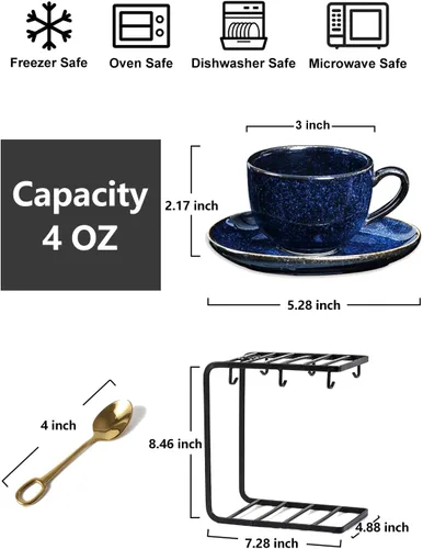 Miniatura 4 de vicrays Juego de Tazas de Café Espresso de Cerámica de 4 oz Tazas de Espresso de Porcelana con Platillos Cucharas y Soporte de Metal para Té Café