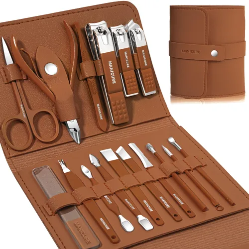 Miniatura 12 de Juego de manicura profesional para cortaúñas y pedicura, 16 piezas de acero inoxidable, herramientas de cuidado de uñas, kit de aseo con lujosa