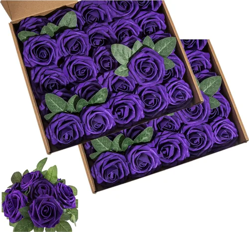 Miniatura 14 de Rosa artificial de espuma de 25 piezas de rosas falsas de aspecto real con tallos y hojas para decoración del hogar, fiestas, jardín, centros