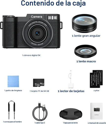 Miniatura 9 de FLATIC Cámara digital con WiFi, cámaras 5K 64MP para fotografía con pantalla giratoria de 180° para YouTube, cámara de videoblogs con enfoque