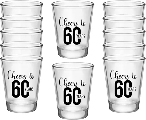 Vasos de chupito de Cheers to 60 Years – 12 unidades, tazas de 1.75 onzas, recuerdos de fiesta de cumpleaños 60 para invitados, decoraciones de 12
