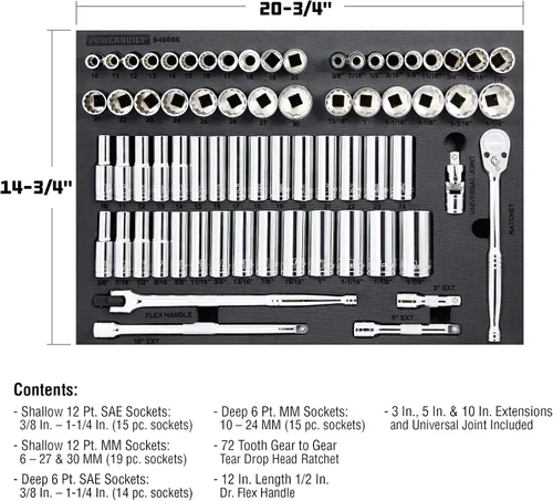 Miniatura 2 de Powerbuilt Master Socket Juego de 69 Piezas, 1/2 Pulgada, SAE y Métrico, 6 y 12 Puntos, Dados Profundos, Barras de Extensión, Trinquete - 949006