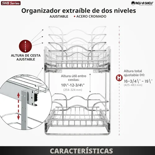 Miniatura 4 de Rev-A-Shelf Estante extraíble para armario de cocina de 2 niveles y organizador de cajones, cesta de almacenamiento de despensa deslizante en varios