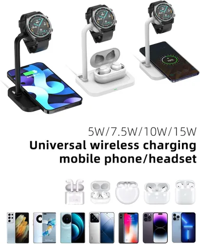 Miniatura 7 de Base de carga inalámbrica universal 2 en 1 con soporte ajustable para reloj inteligente, compatible con Samsung Galaxy, Google Pixel, Huawei