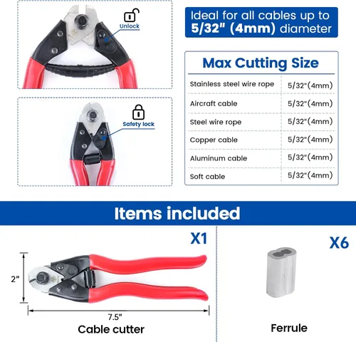 Miniatura 2 de Muzata Cortador de cable Cortador de cuerda de alambre de acero inoxidable resistente para aviones 1/8" 5/32" para barandilla de cubierta