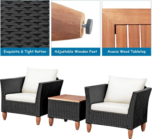 Miniatura 7 de COSTWAY Juego de muebles de ratán de 3 piezas, juego de sillas de mimbre para exteriores con mesa de centro de madera de acacia y cojín lavable