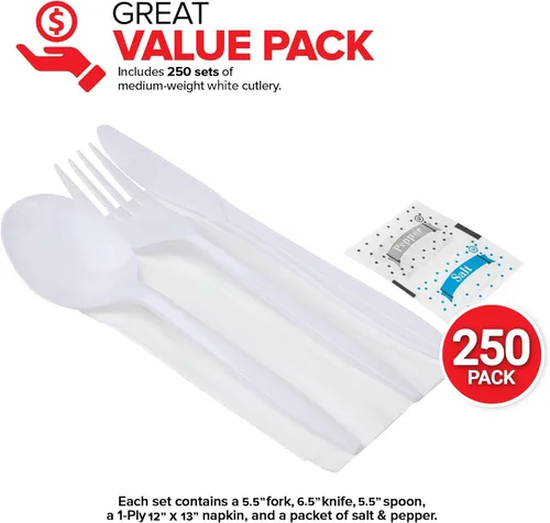 Miniatura 2 de Juego de cubiertos de plástico envueltos individualmente con servilleta + paquetes de sal y pimienta en blanco (250 unidades) bolsas de cubiertos
