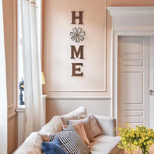 Miniatura 2 de Mkono Decoración de Pared Estilo Granja Letrero de Madera para el Hogar con Molino de Viento de Metal para Letras Colgantes Rústicas Letreros