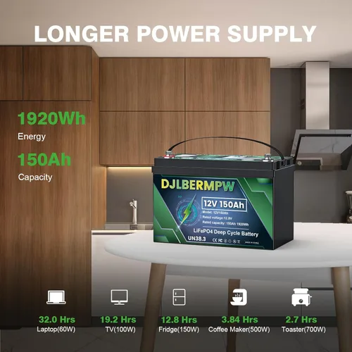 Miniatura 5 de Batería de litio LiFePO4 de 12 V/150 Ah con BMS integrado de 1920 W, hasta 15000 ciclos y vida útil de 10 años, batería de ciclo profundo para RV