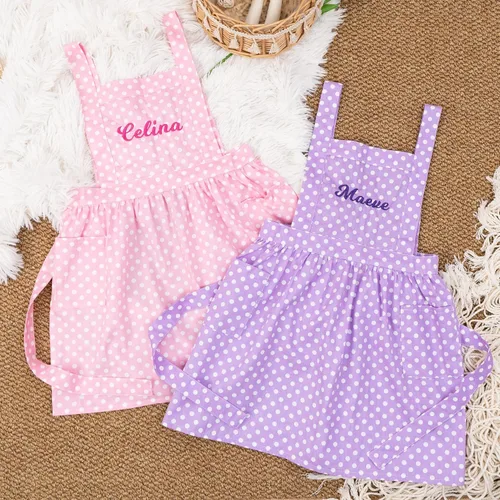 Miniatura 7 de MT WORLD Delantal para niños personalizado, delantal para niños pequeños para niñas, delantal de lino bordado, delantales para niños con lunares