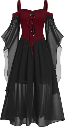 Miniatura 8 de Vestido gótico renacentista para mujer, disfraz de Halloween, hombros descubiertos, encaje, manga trompeta, vestido medieval steampunk 04-navy