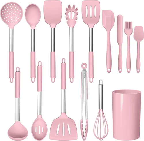 Miniatura 9 de LIANYU Juego de utensilios de cocina de 15 piezas con soporte, herramientas de cocina de silicona, mango de acero inoxidable, espátula ranurada, Rojo