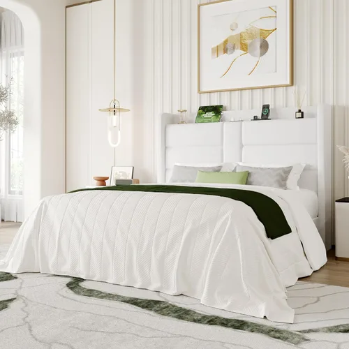 Miniatura 11 de SHA CERLIN Base de cama tapizada tamaño Queen con estante de almacenamiento y estación de carga, cama moderna de plataforma de terciopelo con Negro