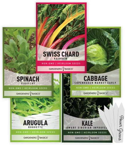 Gardeners Basics Power Greens Semillas para plantar paquetes individuales – Rúcula, espinaca, acelga, col rizada, semillas de col para tu ensalada