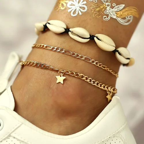 Miniatura 4 de 23 unids conjunto simple Puka Shell pulsera de tobillo Shell estrella de mar onda tobillo pulsera forma corazón Chian tobillo pulsera moda 8