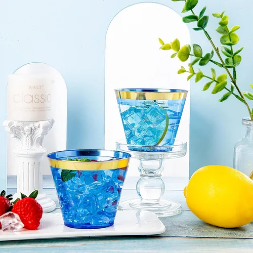 Miniatura 5 de Nervure 240 vasos de plástico azules – Vasos de plástico con borde dorado de 9 onzas – Taza azul desechable resistente con borde dorado perfecto