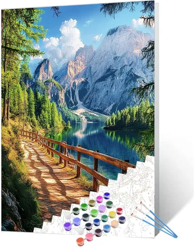 Pintura enmarcada de río de montaña al atardecer por números para adultos, niños principiantes, kit de pintura de árboles con escarcha de 16 x 20