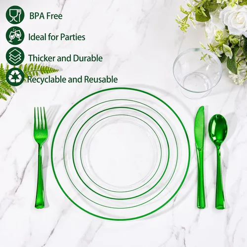 Miniatura 3 de I00000 - Juego de vajilla de plástico verde de 210 piezas para 30 invitados Incluye: 30 platos de cena transparentes de plástico verde, 30 platos
