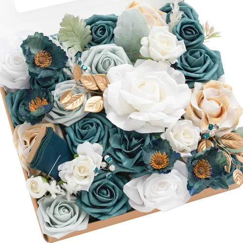 Miniatura 28 de Ling's moment Caja de Flores Falsas, Tallos de Vegetación Artificial Falsa Rosas de Espuma Dalias de Seda Hojas de Rosa Flor de Tela para Centros
