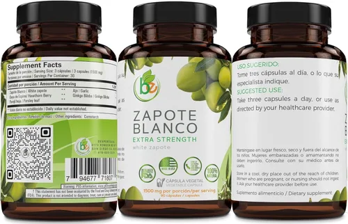Miniatura 9 de Zapote Blanco (Blanco) 90 cápsulas (1500 mg por porción), reforzado con ajo, bayas de espino, perejil y ginkgo biloba, fórmula herbaria extra
