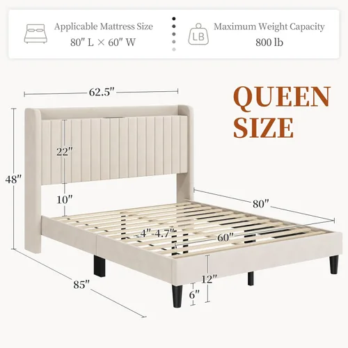 Miniatura 2 de Yaheetech Base de cama tamaño Queen con estación de carga USB y estante de almacenamiento/plataforma de cabecera tapizada con lado de ala/soporte