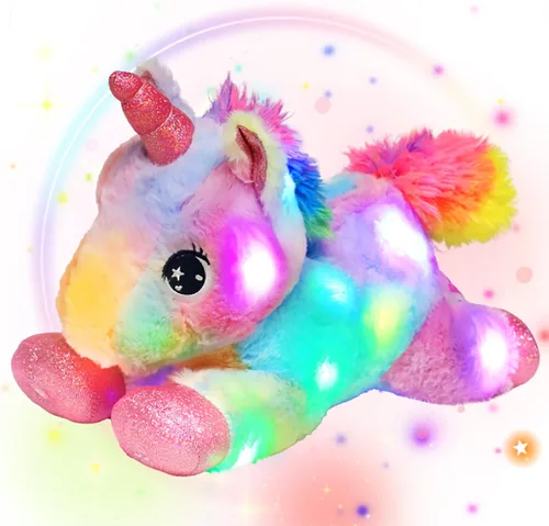 Easfan Animal de peluche con luces LED de unicornio con luces nocturnas coloridas que brillan en la oscuridad, festival de cumpleaños para niños y