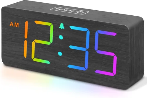 Miniatura 9 de DreamSky Reloj despertador digital de madera para dormitorio, reloj despertador fuerte para personas que duermen mucho con control de volumen